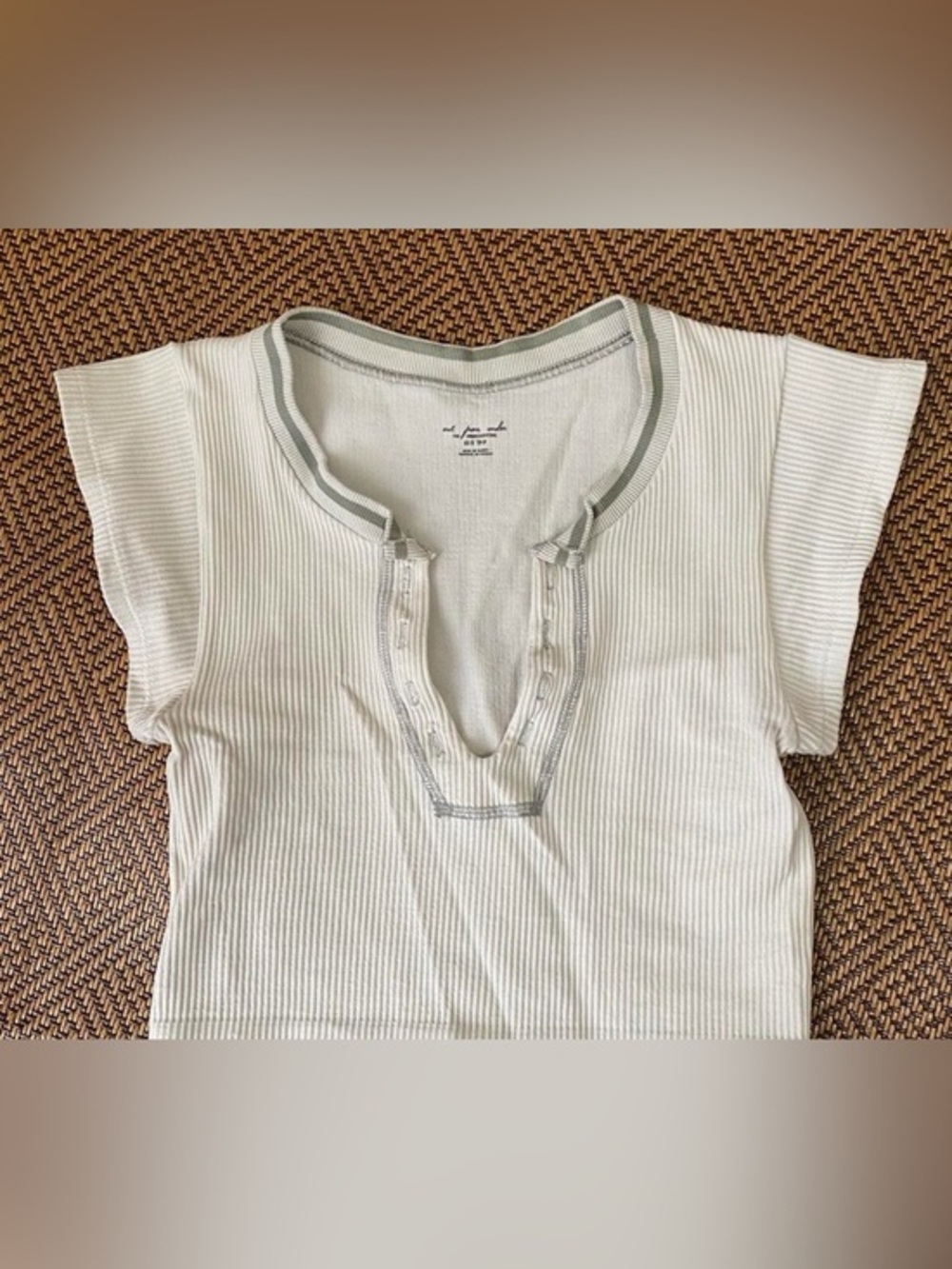 Urban Outfitters Cream Ribbed Short Sleeve Henley with Gray Trim size medium